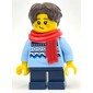 Child, Bright Light Blue Sweater, Short Dark Blue Legs, Red Scarf, Dark Brown Hair
