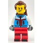 Skier, Azure and Red Suit, Reddish Brown Backpack and Hair