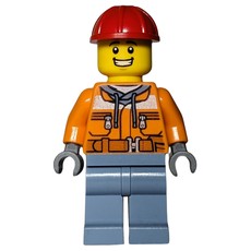 Construction Worker, Safety Jacket over Hoodie with Belt, Sand Blue Legs, Red Hard Hat (fig-014492)