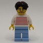 White Striped Torso, Bright Light Blue Legs, Dark Brown Hair