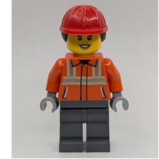 Construction Worker, Reddish Orange Jacket, Red Hard Hat with Ponytail (fig-015217)