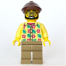 Man, Bright Light Yellow Hawaiian Shirt, Dark Tan Legs, Reddish Brown Flat Cap (fig-015224)