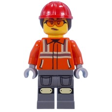 Construction Worker, Reddish Orange Jacket, Red Hard Hat with Ponytail (fig-015229)