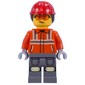 Construction Worker, Reddish Orange Jacket, Red Hard Hat with Ponytail
