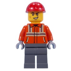 Construction Worker, Reddish Orange Jacket, Red Hard Hat (fig-015230)