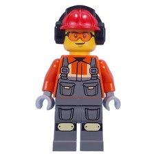 Construction Worker, Reddish Orange Jacket, Overall, Red Hard Hat with Ear Protection (fig-015231)
