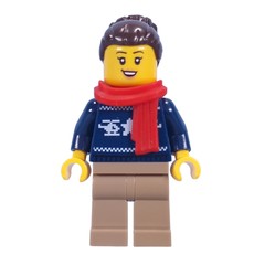 Dark Blue Sweater, Dark Tan Legs, Dark Brown Hair, Red Scarf (fig-015470)