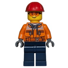 Construction Worker, Orange Safety Jacket, Dark Blue Legs, Red Hard Hat (fig-015580)