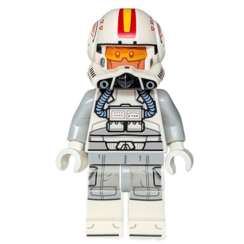 Minifig LEGO Clone Pilot, Open Helmet with Yellow and Red Markings, White Legs