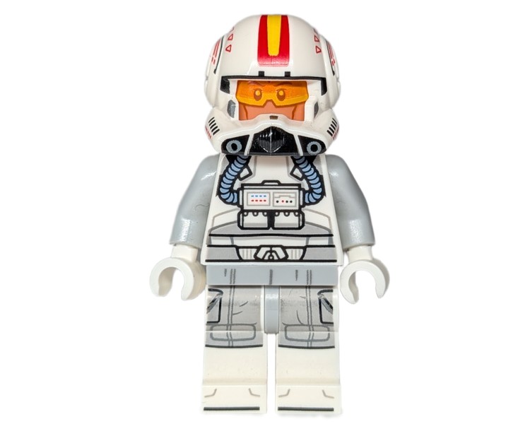 LEGO minifigure Clone Pilot, Open Helmet with Yellow and Red Markings, White Legs