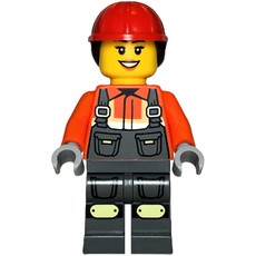 Construction Worker, Reddish Orange Jacket, Overall, Red Hard Hat with Hair (fig-015734)