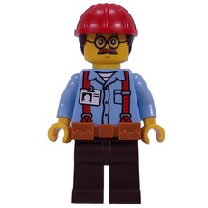 Construction Worker, Ted Brickle, Bright Light Blue Shirt, Reddish Brown Legs, Dark Orange Belt, Red Helmet (fig-016320)