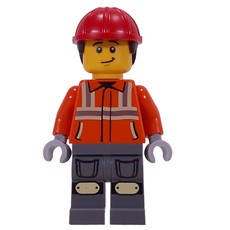Construction Worker, Reddish Orange Safety Jacket, Dark Bluish Gray Legs, Red Helmet (fig-016346)