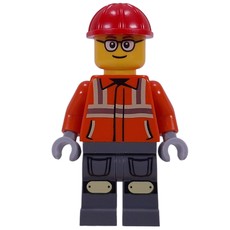 Construction Worker, Reddish Orange Safety Jacket, Red Helmet (fig-016390)