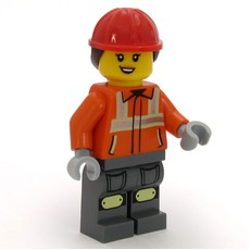 Construction Worker, Reddish Orange Jacket, Overall, Red Hard Hat with Dark Brown Ponytail (fig-017092)