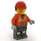 Construction Worker, Reddish Orange Jacket, Overall, Red Hard Hat with Dark Brown Ponytail