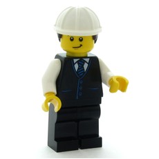 Man, Black Vest, Black Legs, White Hard Hat with Dark Brown Hair (fig-017093)