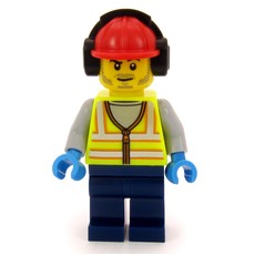 Airport Ground Crew Worker, Vibrant Yellow Torso, Dark Blue Legs, Red Hard Hat (fig-017294)