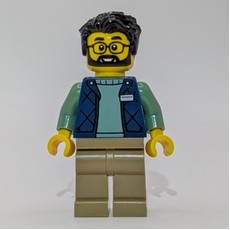 LEGO Employee, Dark Blue Torso, Dark Tan Legs, Black Hair (fig-017303)