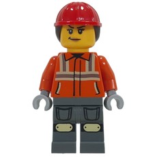 Construction Worker, Reddish Orange Jacket, Dark Bluish Gray Legs, Red Hard Hat with Ponytail (fig-017762)