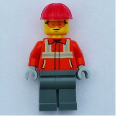 Construction Worker, Reddish Orange Jacket, Red Hard Hat (fig-017972)